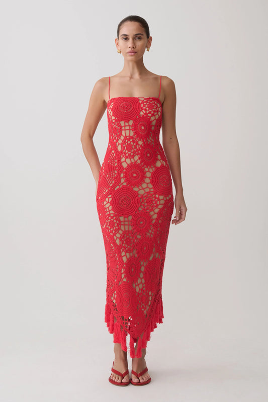 Delta Crochet Halter Midi Dress Red