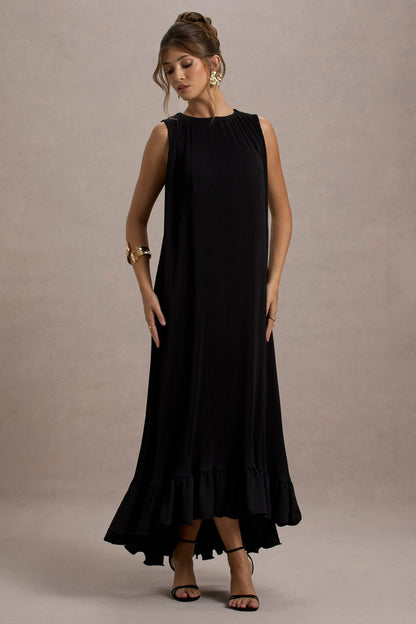 Hazelle Black Chiffon A Line Ruffled Maxi Dress