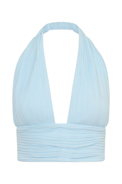 Amaris Sleeveless Plisse Halter Top Pale Blue