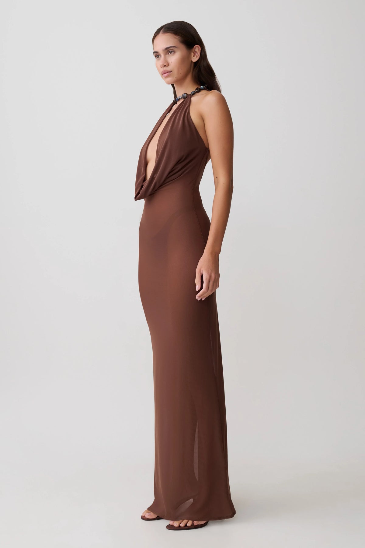 Ethal Mesh Cowl Neck Beaded Maxi Dress Chocolate