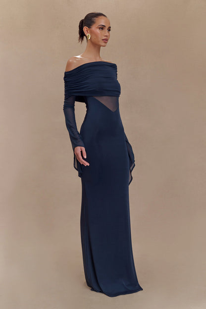Kaitlin One Shoulder Slinky And Mesh Maxi Dress Midnight Blue