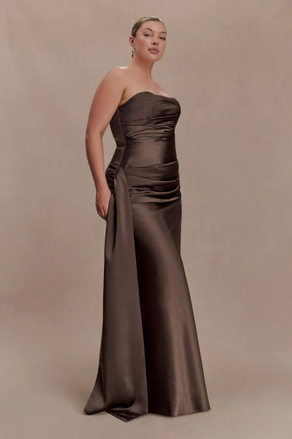 Sarah Strapless Maxi Dress With Waist Tie Mocha