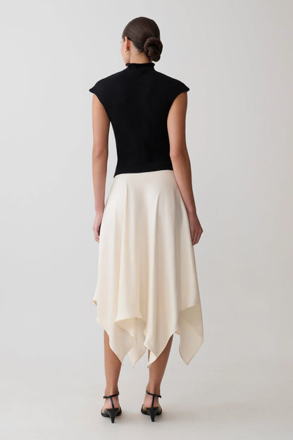 Coralie Asymmetric Satin Midi Skirt Ivory