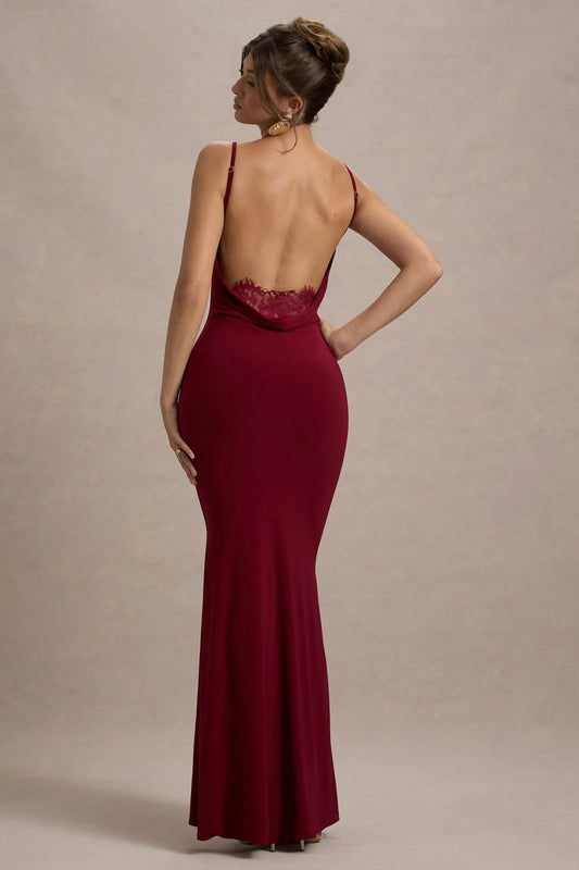 Francoise Berry Cowl Neck Backless Maxi Dress With Lace Insert