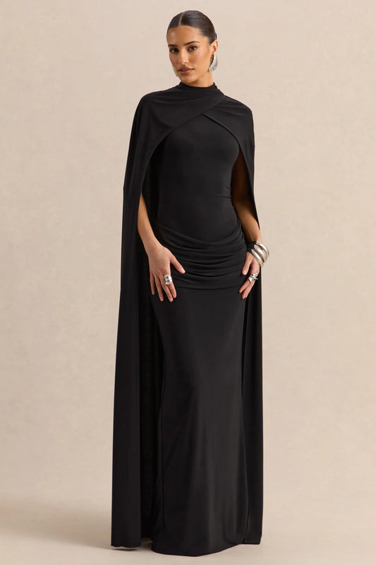 Dianelle Black High Neck Maxi Dress With Cape Sleeves