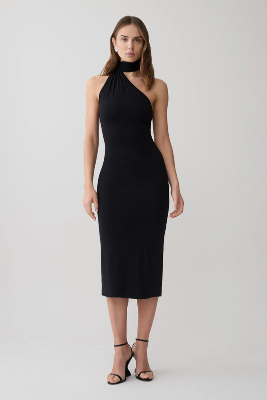 Jemma One Shoulder Tie Midi Dress Black