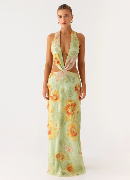 Really Something Beaded Maxi Dress Green Floral Beaded
