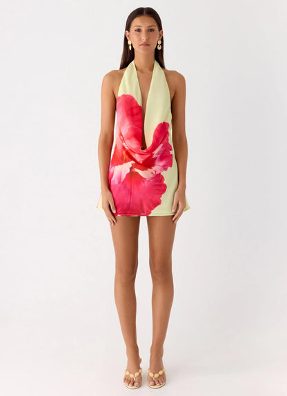 Varindra Cowl Mini Dress Yellow Floral Spritz