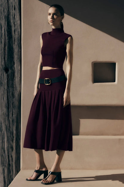 Romaine Bandage Knit Midi Skirt Wine