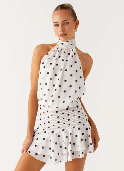 Willow Chiffon Mini Dress White Polka Dot