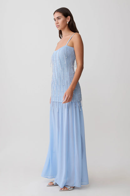 Belinda Beaded Knit Chiffon Maxi Dress Light Blue