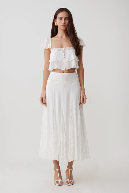 Skylar Lace Panelled Midi Skirt White