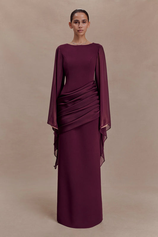 Samantha Waterfall Sleeves Maxi Dress Wine