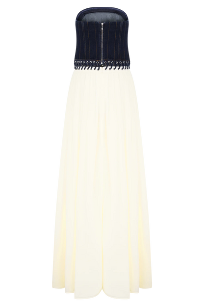 Suella Chiffon Denim Maxi Dress Indigo Blue