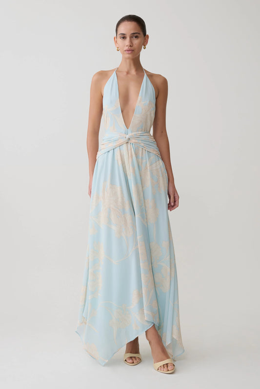 Cyra Plunge Chiffon Midi Dress Blue Floral Print