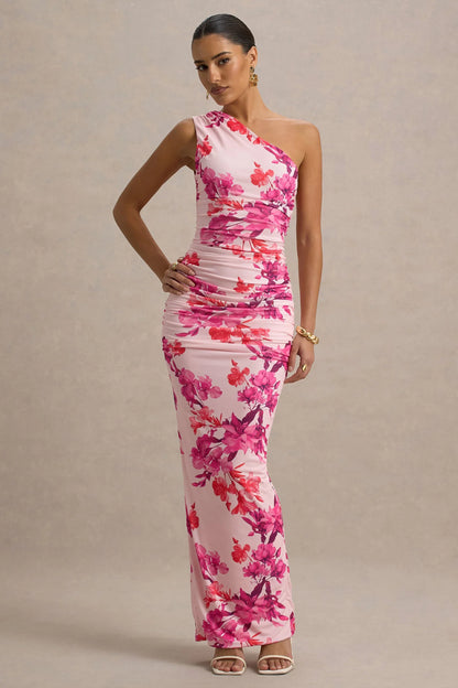 Dalarie Pink and Orange Floral Print One Shoulder Gathered Maxi Dress
