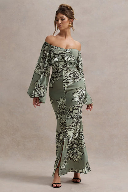 Murcia Olive Floral Print Chiffon Puff Sleeve Button Maxi Dress