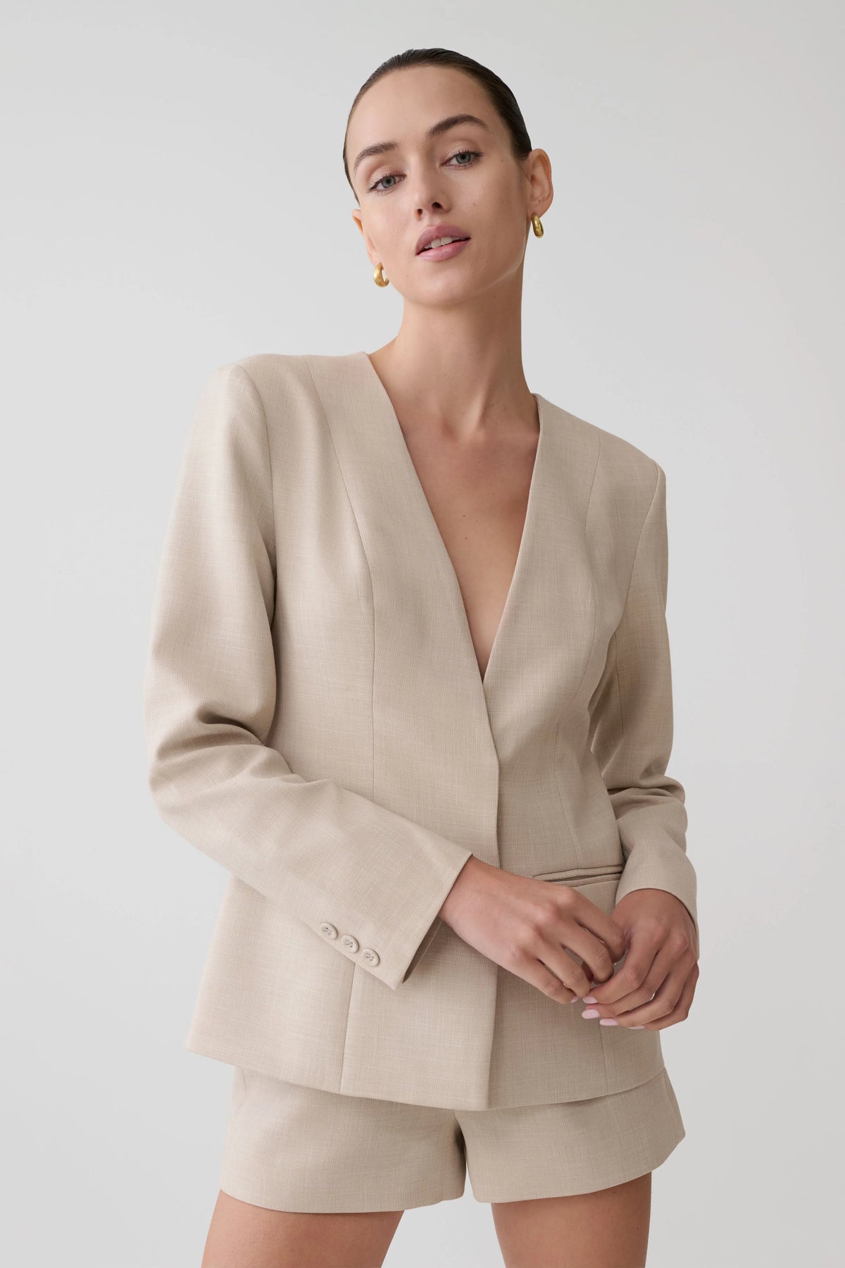 Solenne Collarless Suiting Blazer Natural Marle