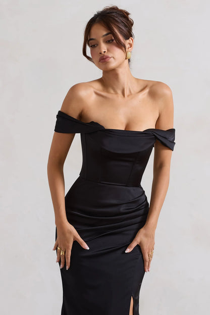 Kimberly Black Bardot Satin Maxi Dress