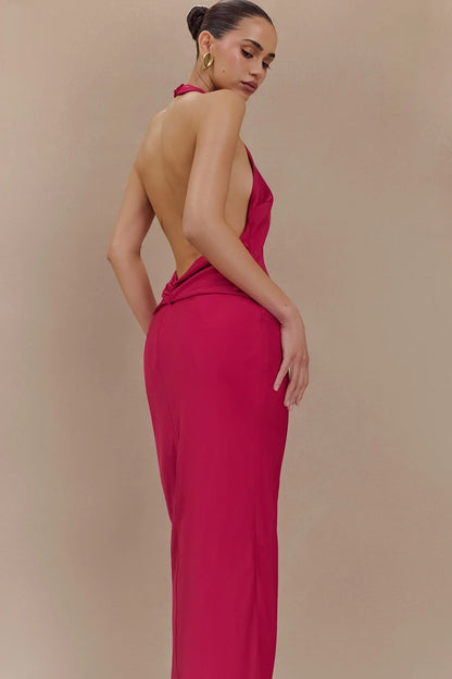 Rinna Satin Halter Maxi Dress Pink Cherry