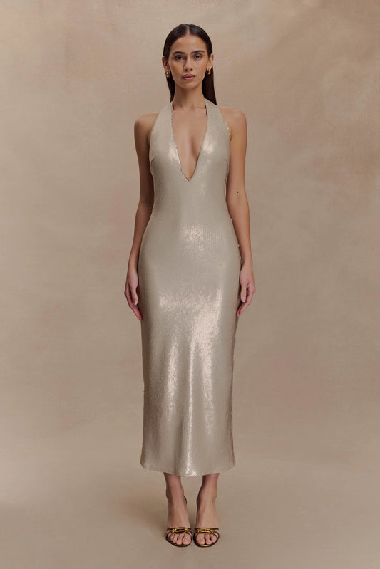 Carnation Sequin Halter Midi Dress Gold