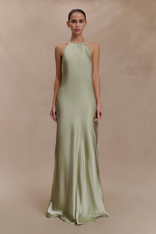Bella Satin Halter Maxi Dress Sage