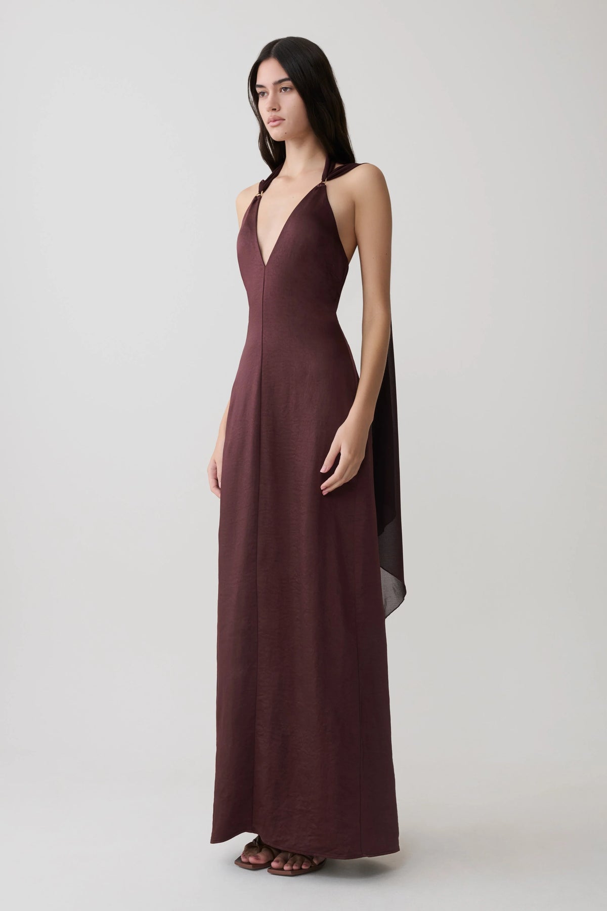 Myla Draped Shoulders Satin Maxi Dress Chocolate