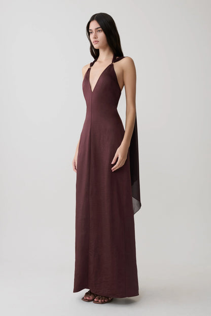 Myla Draped Shoulders Satin Maxi Dress Chocolate