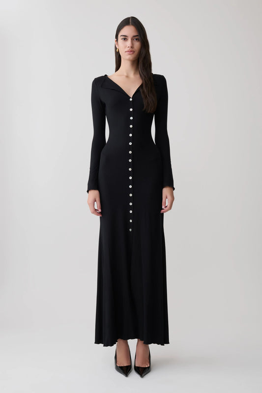 Tanya Buttoned Long Sleeve Maxi Dress Black