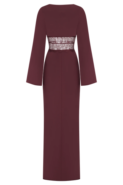 Kaya Long Sleeve Satin And Mesh Maxi Dress Wine
