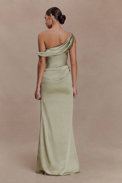 Dalia Off Shoulder Satin Maxi Dress Sage