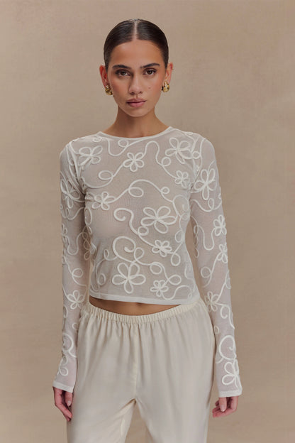 Omari Embroidery Long Sleeve Knit Top Ivory