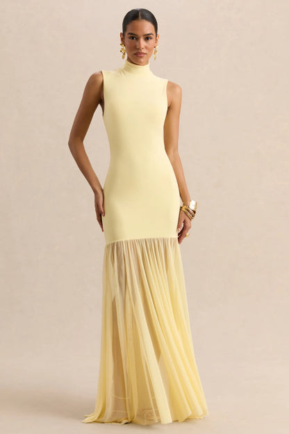 Felina Lemon High Neck Maxi Dress With Sheer Skirt