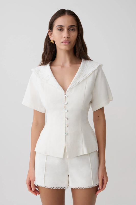 Melody Short Sleeve Shirt With Lace Collar White