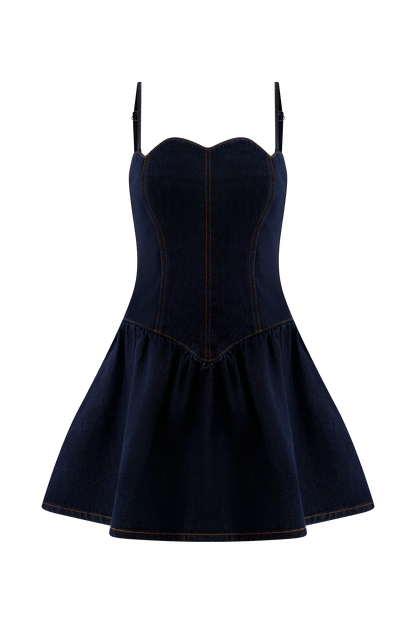 Cheyenne Scallop Denim Mini Dress Indigo Blue