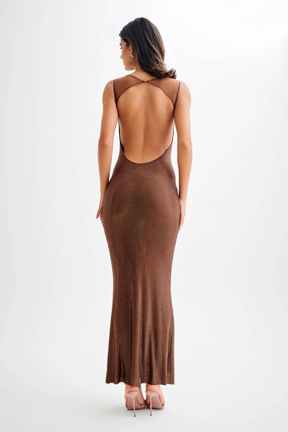 Jasmyn Hot Fix Maxi Dress With Mesh Back Chocolate