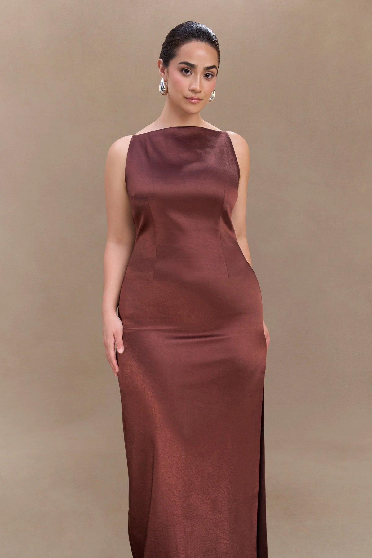 Violet Sleeveless Satin Maxi Dress Dark Chocolate