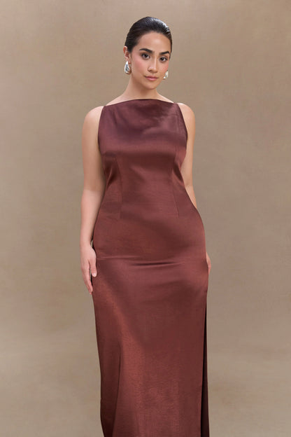 Violet Sleeveless Satin Maxi Dress Dark Chocolate