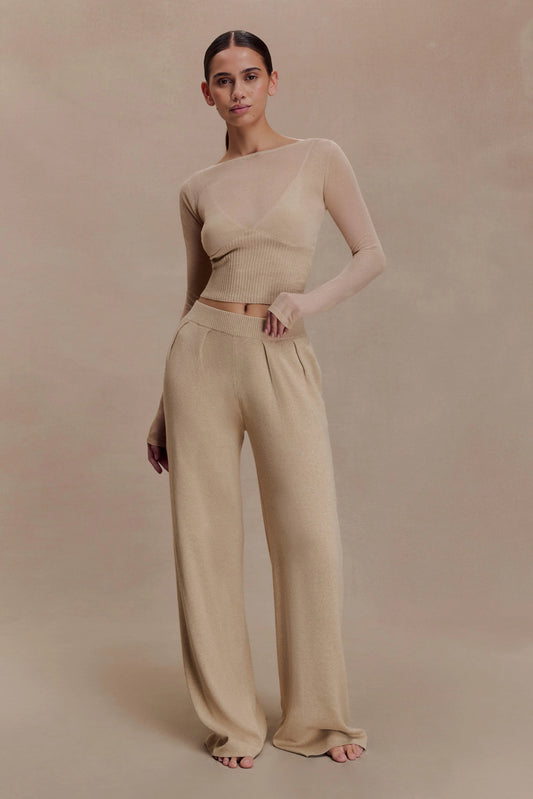 Frannie Gathered Silk Blend Knit Pants Sand