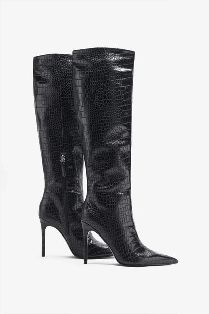 Uptown Black Croc Fitted Over Knee Pointed Heeled Boots