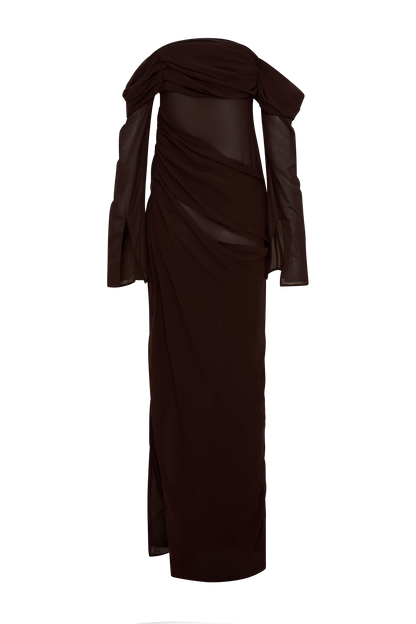 Kirsten Off Shoulder Chiffon Maxi Dress Cacao Brown