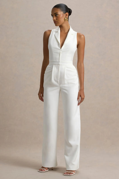 Trixie White Plunge Neck Tailored Jumpsuit