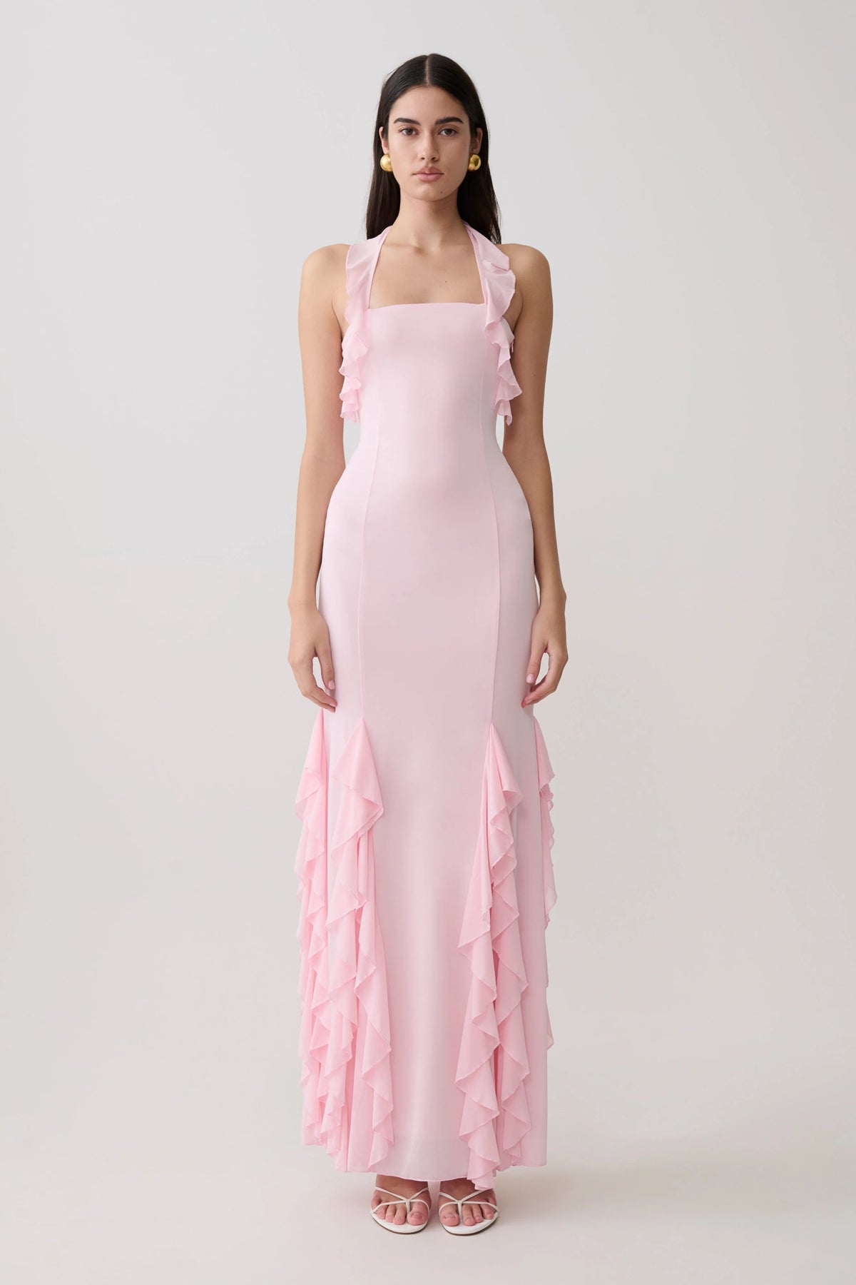 Etta Ruffle Slinky Maxi Dress Pale Pink