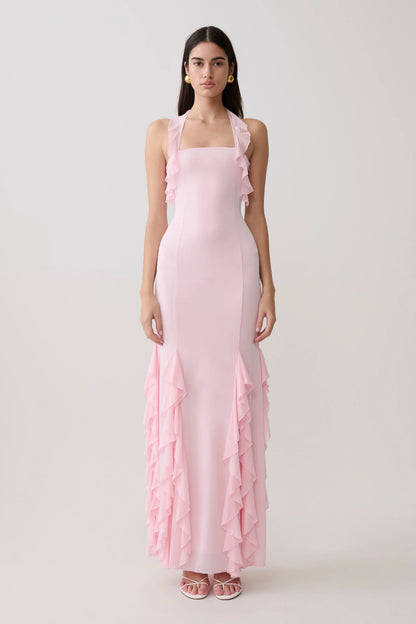 Etta Ruffle Slinky Maxi Dress Pale Pink