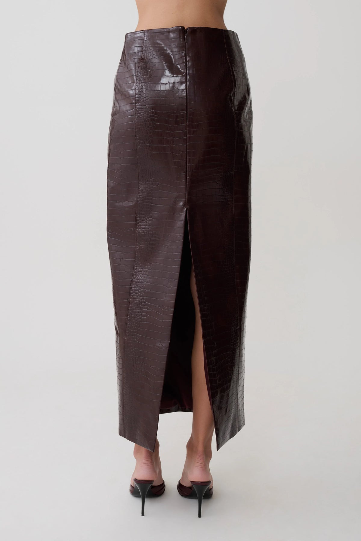 Thalia Croc Faux Leather Midi Skirt Merlot