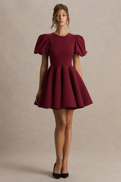 Emelia Burgundy Puff Sleeve Skater Mini Dress