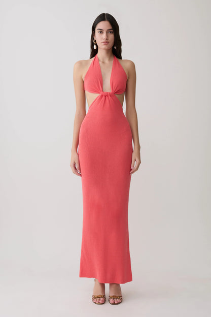 Theresea Halter Knit Maxi Dress Coral