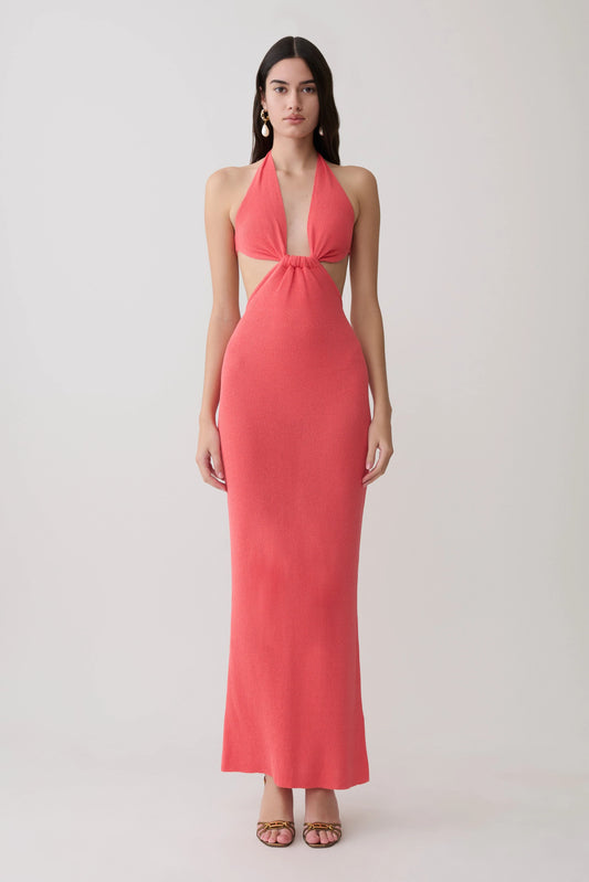 Theresea Halter Knit Maxi Dress Coral