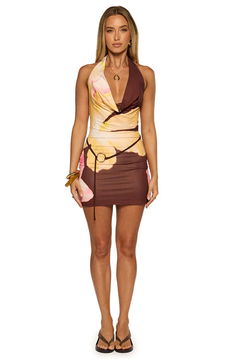 Carrie Brown Floral Cowl Neck Belt Mini Dress