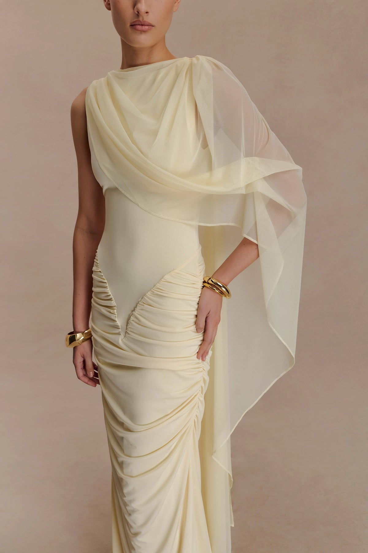 Amandine Ruched Slinky Maxi Dress Lemon